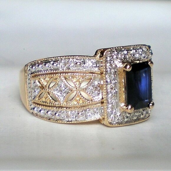 Designer 14K Yellow Gold Sapphire Diamond Halo Cluster Filigree Ring P - Picture 3 of 8